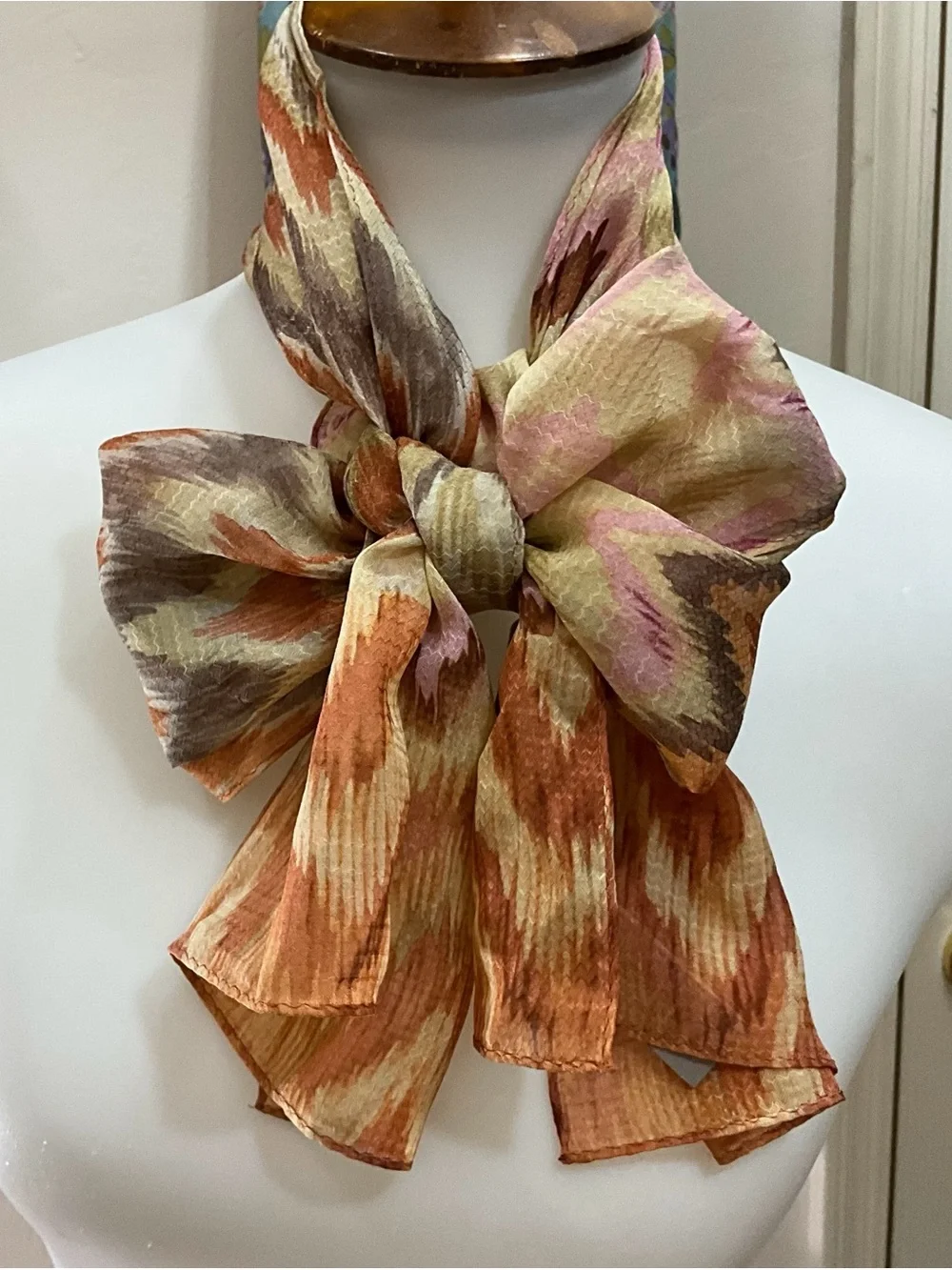 Echo 100% Silk Scarf Chevron Zigzag Print Pink Brown Orange Oblong